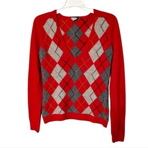 J. Crew Merino Wool Blend Red Orange Argyle Diamond Preppy V-Neck Sweater Small